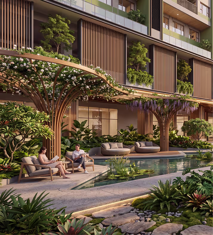 Landscaped commercial precinct with outdoor seating and gardens